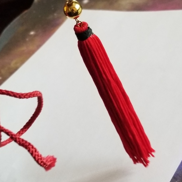 Vintage tassel necklace cloisonne bead red gold tone long cord - Picture 10 of 16